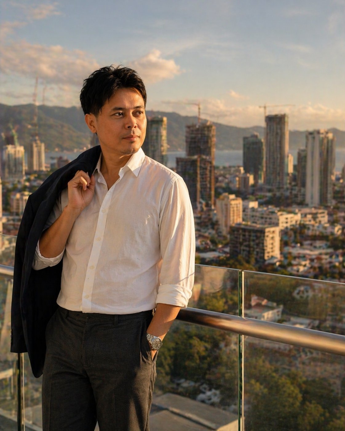 Ronnel Estrada on a Cebu City rooftop at golden hour, skyline behind him