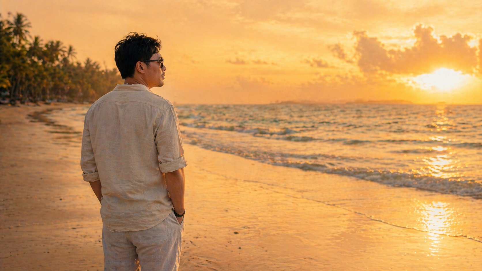 Ronnel Estrada on a Siargao beach at sunset, looking out to sea